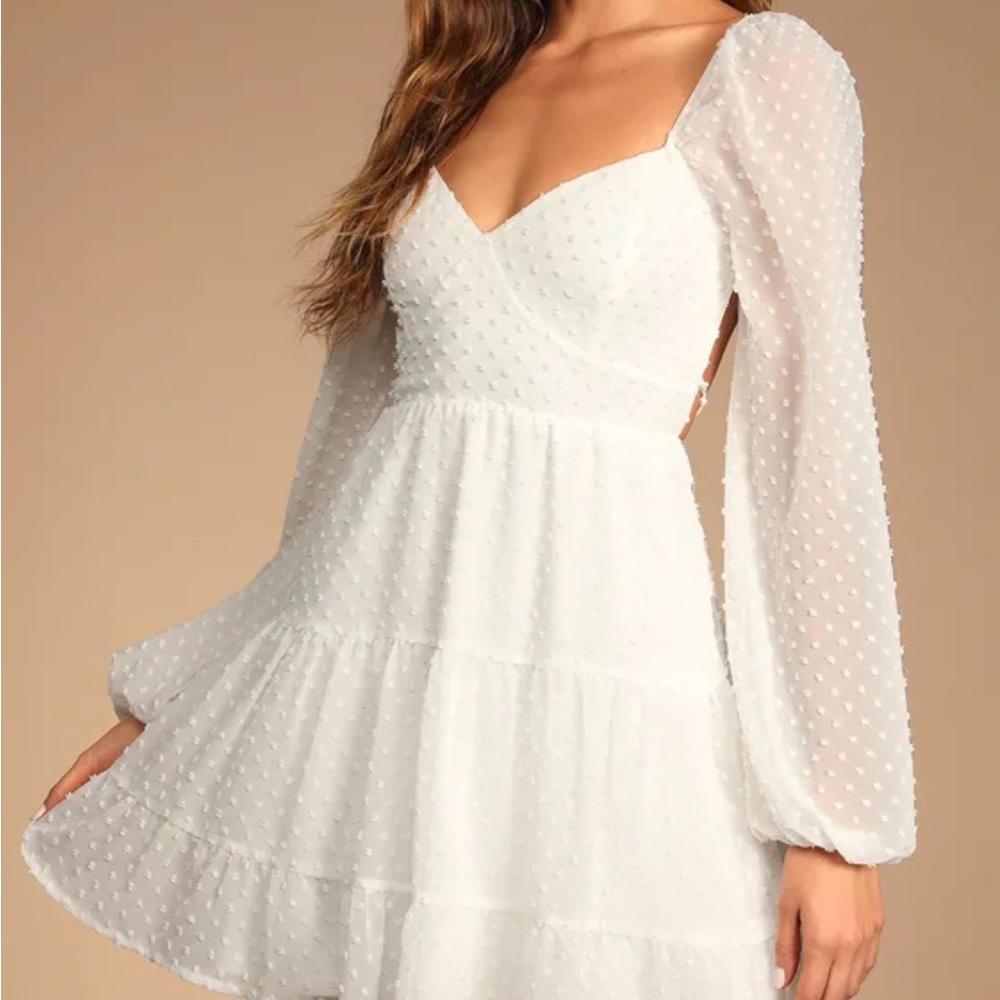 Longing And Love White Swiss Dot Puff Long Sleeve Mini Dress